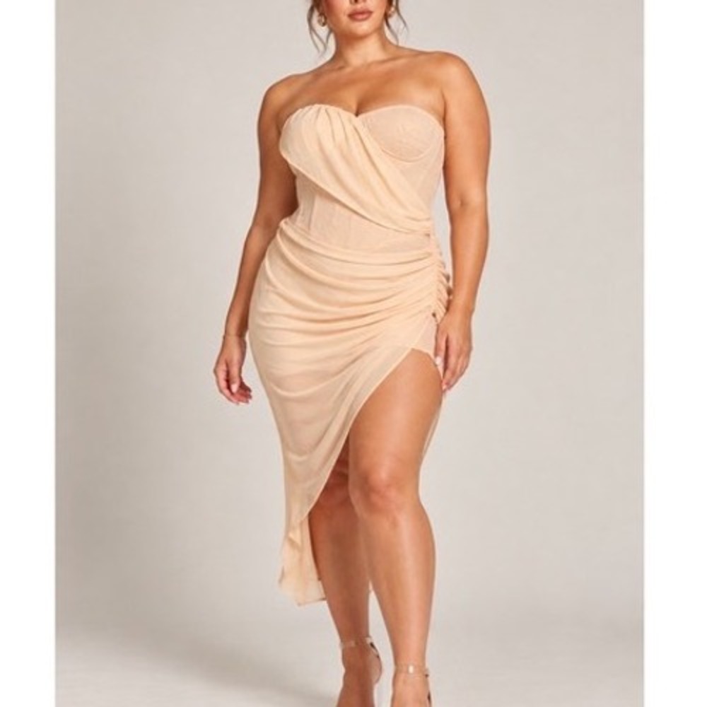 PrettyLittleThing Plus Nude Corset Draped Dress 14 Formal Homecoming